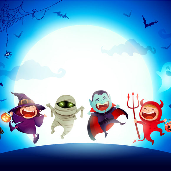 Group of Kids in Halloween Costume Jumping in The Moonlight Backdrop - Backdropsource