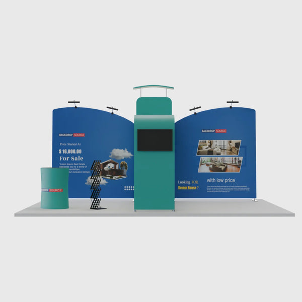 Kit de exhibición de fondo recto inclinado de 20 x 10 con pared 3D y arco