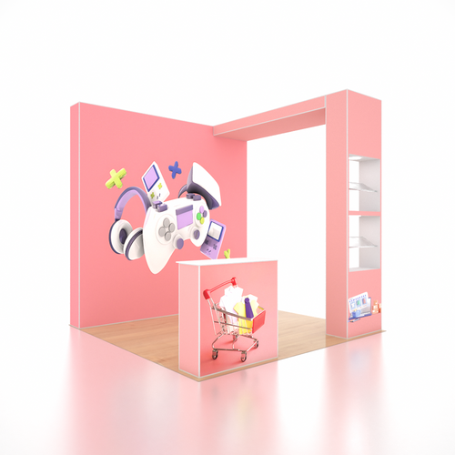 10x10 SEG Popup Booth with L-Arch Wall, 2 Showcases & Counter