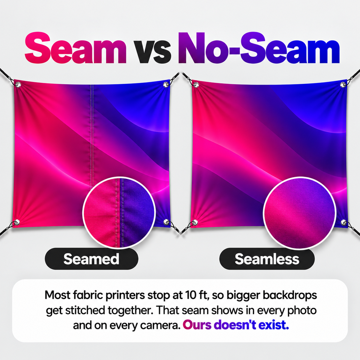 Seam vs seamless comparison — a stitched fabric backdrop next to a seamless one-piece print