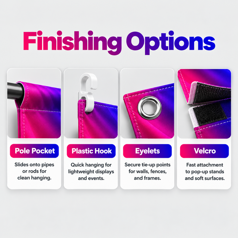 Fabric finishing options — pole pocket, plastic hook, eyelets and velcro