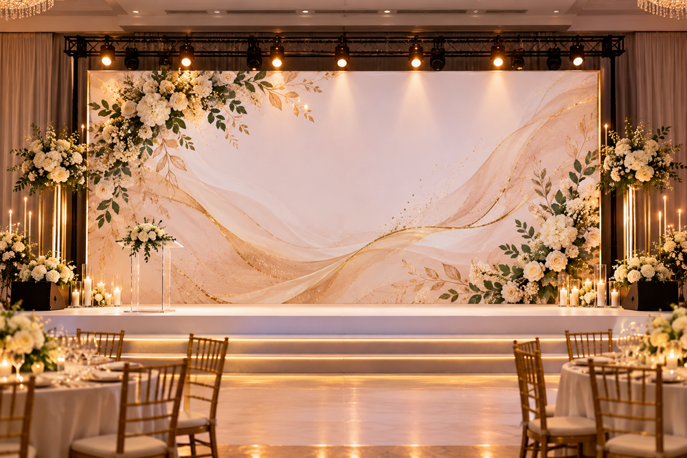 Seamless printed fabric backdrop at a wedding and gala stage