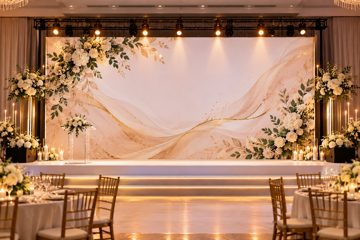 Seamless printed fabric backdrop at a wedding and gala stage