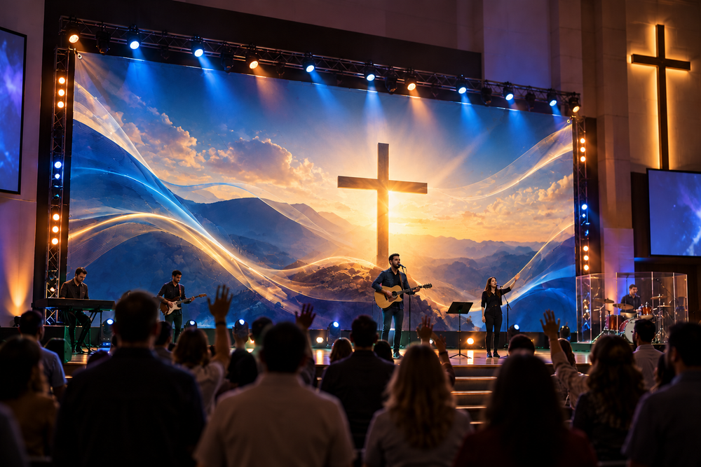 Wide printed fabric backdrop in a church worship sanctuary
