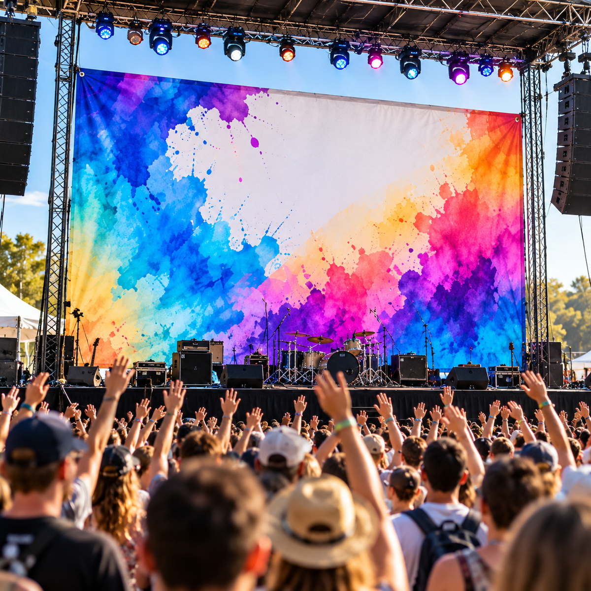 Seamless printed fabric stage backdrop at a concert or festival