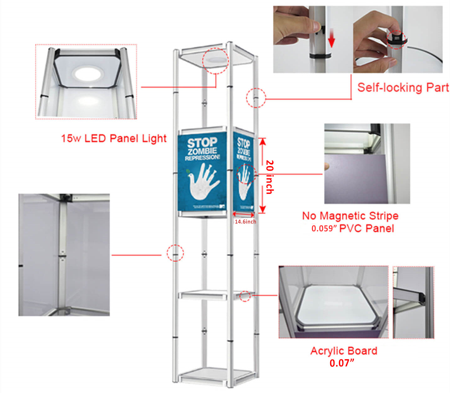 Square Portable Aluminum Spiral Tower Display - 5 Layer Shelves - Backdropsource