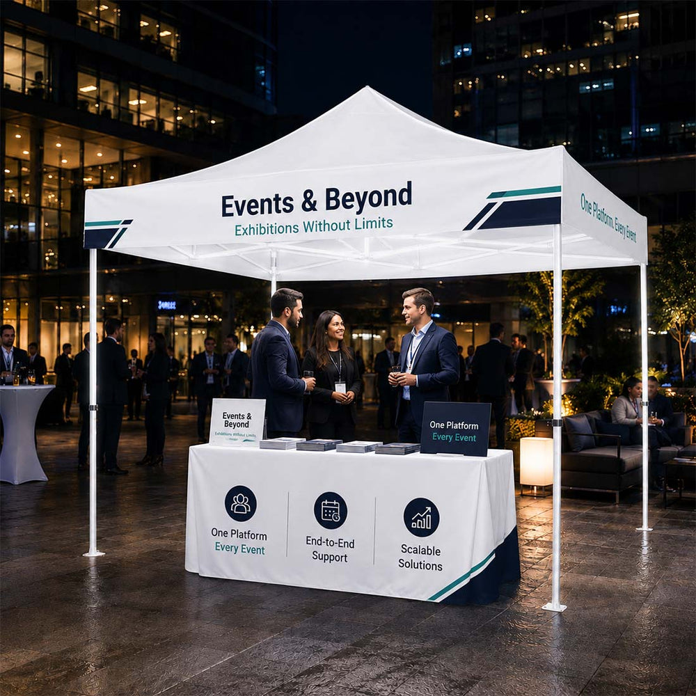 Plain white canopy tent at an evening event