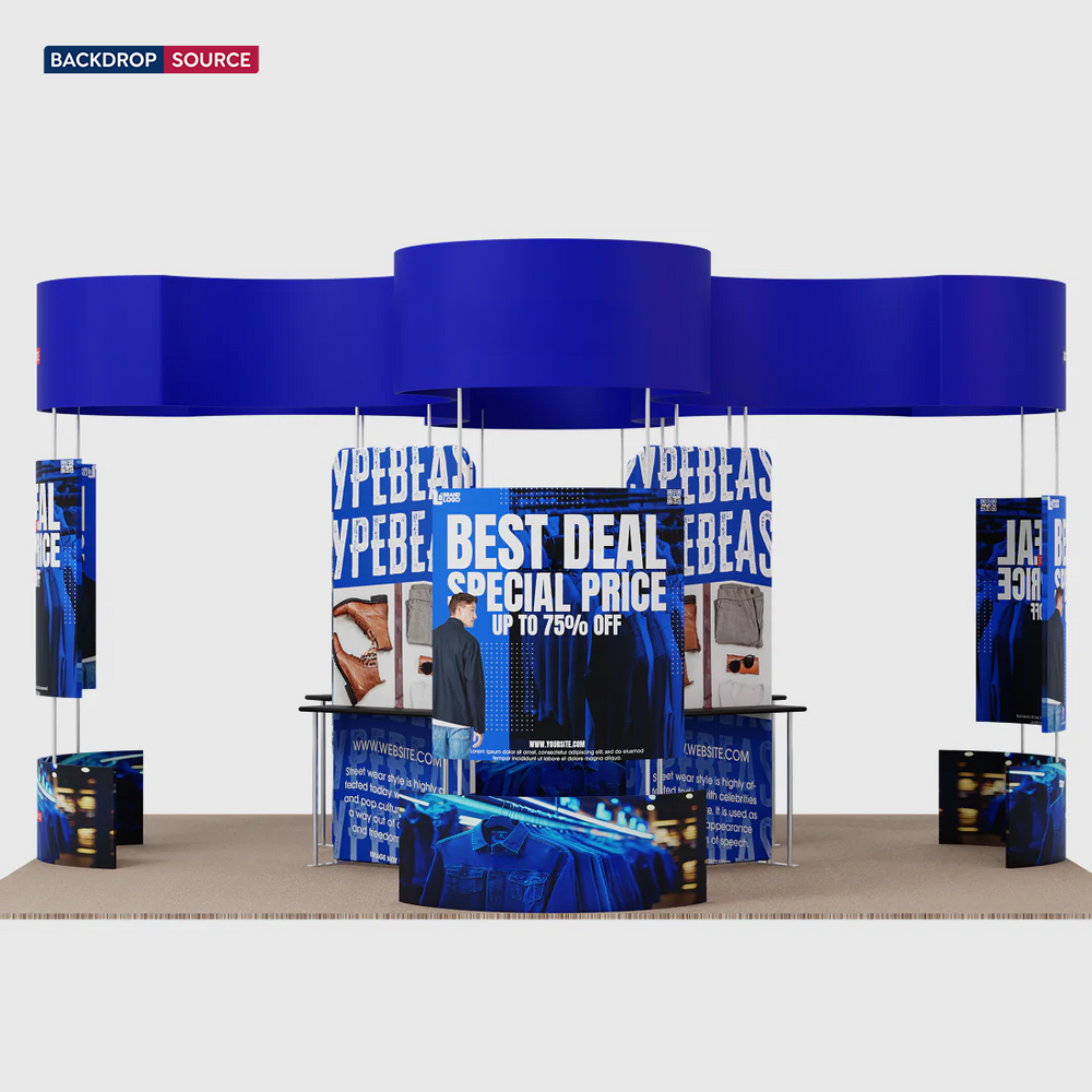 20x20 Island Booth with Curved Wall Panels & Display Shelving