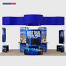 20x20 Island Booth with Curved Wall Panels & Display Shelving