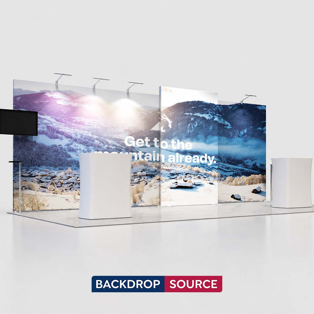 10x20 Backlit SEG Booth Kit with TV Mount, Tables & LED Counters