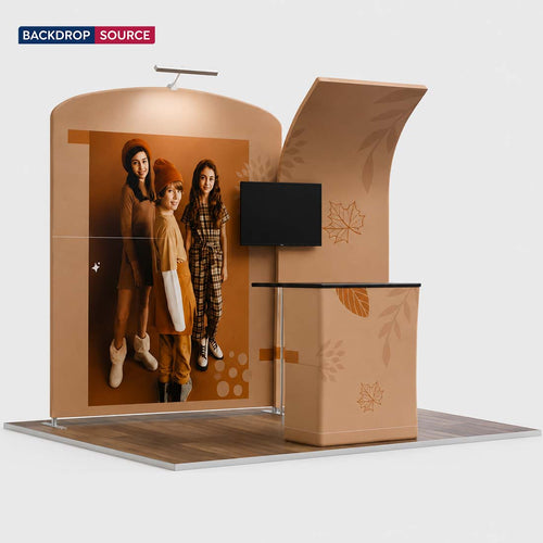 10x10 Booth Kit with Curved Wall & Sloped Arch, Counter & TV