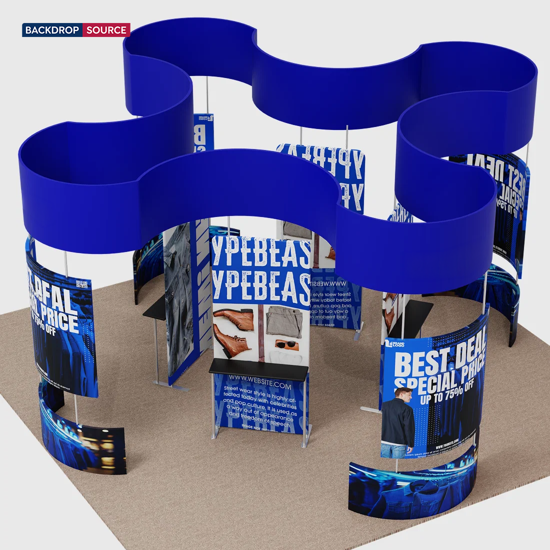 20x20 Island Booth with Curved Wall Panels & Display Shelving