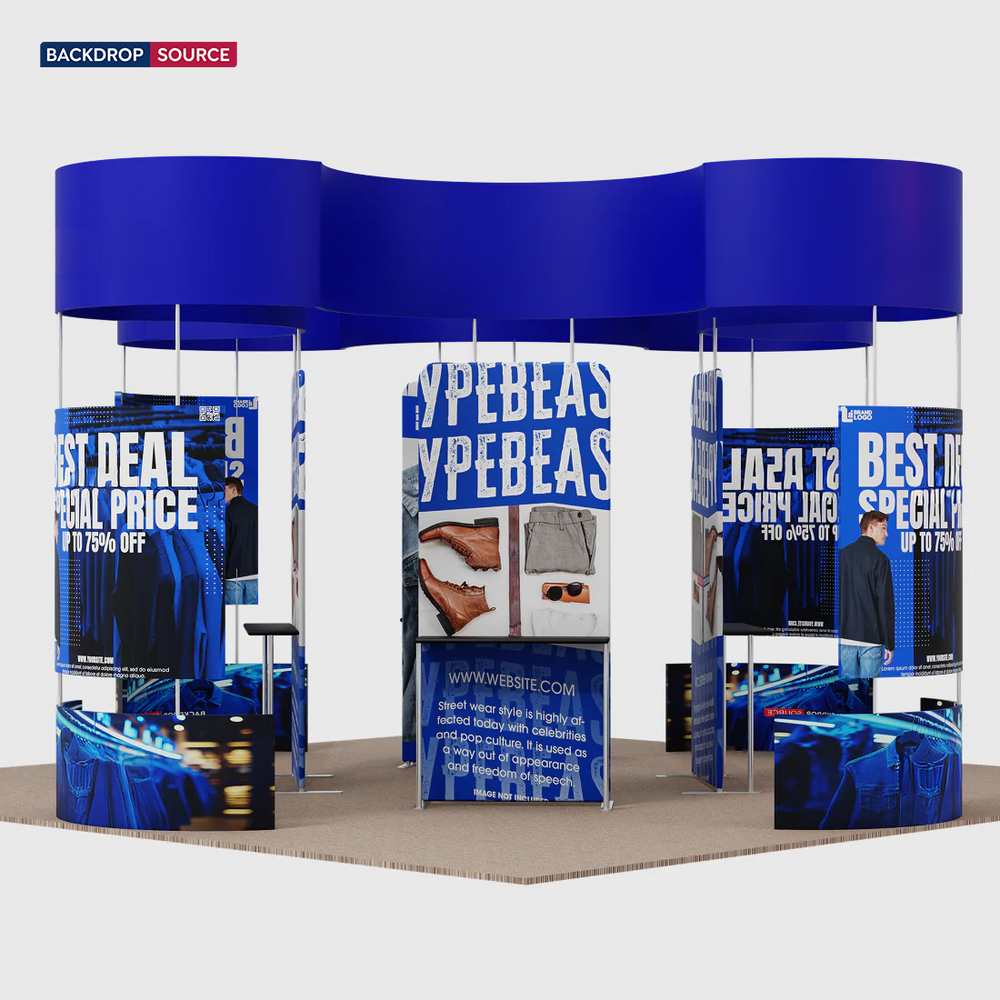 20x20 Island Booth with Curved Wall Panels & Display Shelving