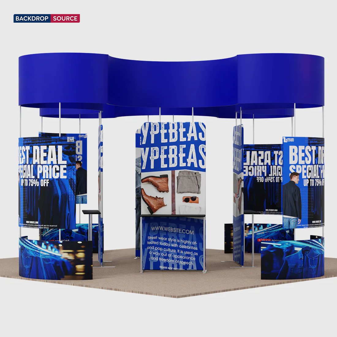 20x20 Island Booth with Curved Wall Panels & Display Shelving