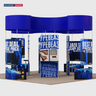 20x20 Island Booth with Curved Wall Panels & Display Shelving