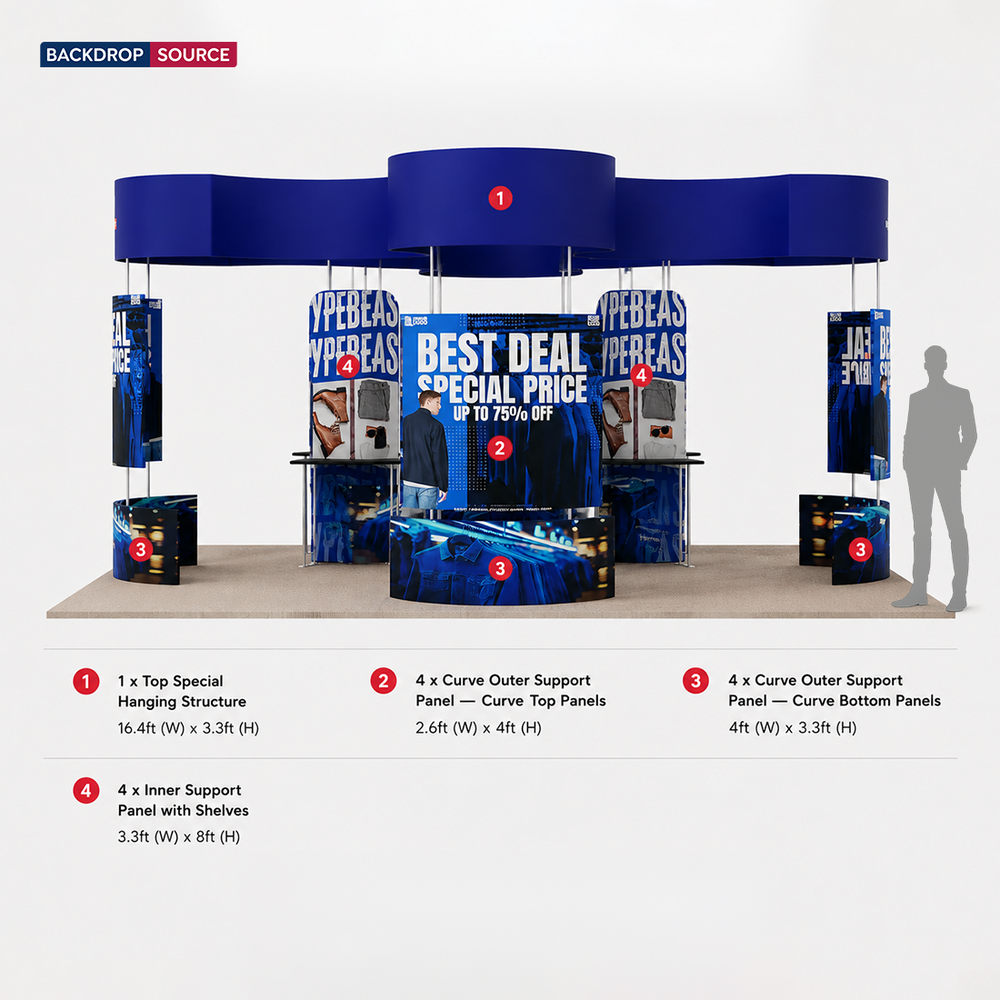 20x20 Island Booth with Curved Wall Panels & Display Shelving