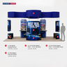 20x20 Island Booth with Curved Wall Panels & Display Shelving