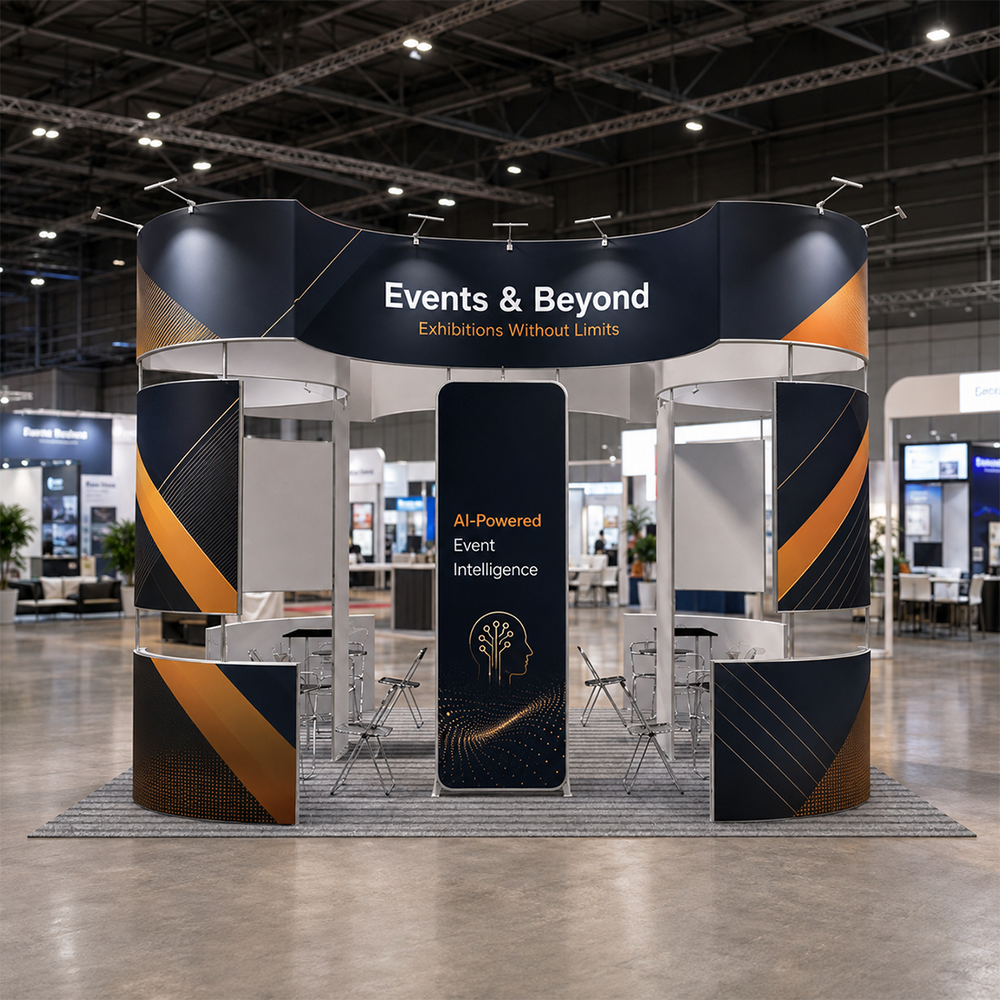 20x20 Island Booth with Curved Wall Panels & Display Shelving