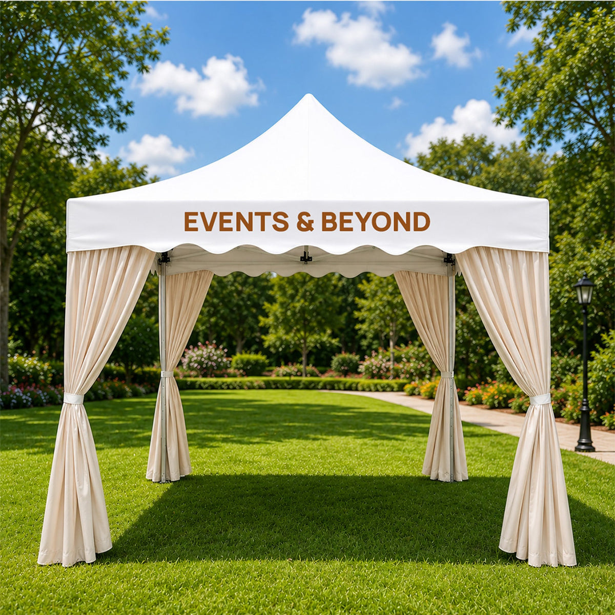 White canopy tent with plain curtains