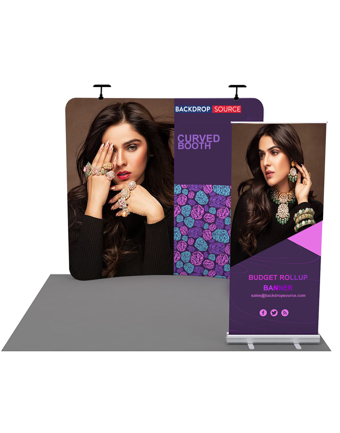 10x10 Booth Kit with Backwall and Rollup Banner Stand - Backdropsource