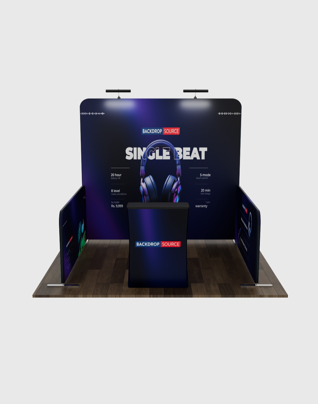 Kit de stand Ultimate de 10 x 10 con pared trasera, paredes laterales, mostrador y luces