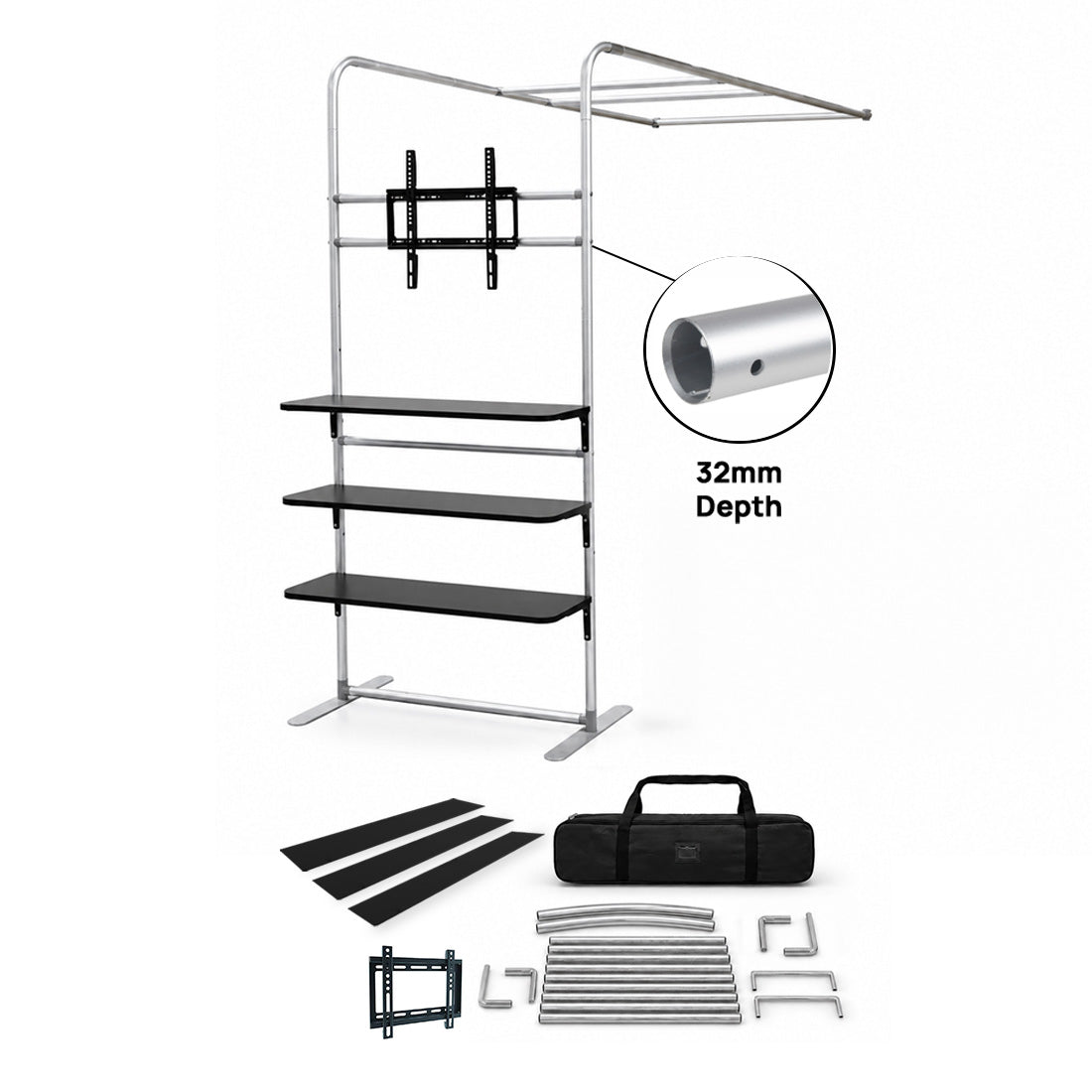 L-Shaped Display Shelf & TV Rack with shelves (L arch frame with shelves & TV mount) - included in Magnetic Fabric Banner Stand Exhibition Kit