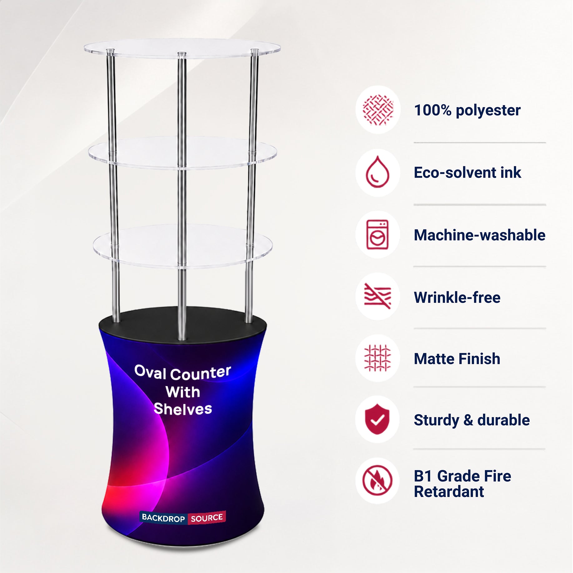 Oval Fabric Display Counter with Acrylic Triple Shelves