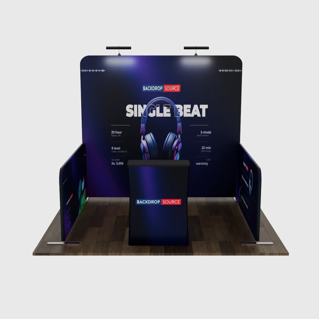 Kit de stand Ultimate de 10 x 10 con pared trasera, paredes laterales, mostrador y luces