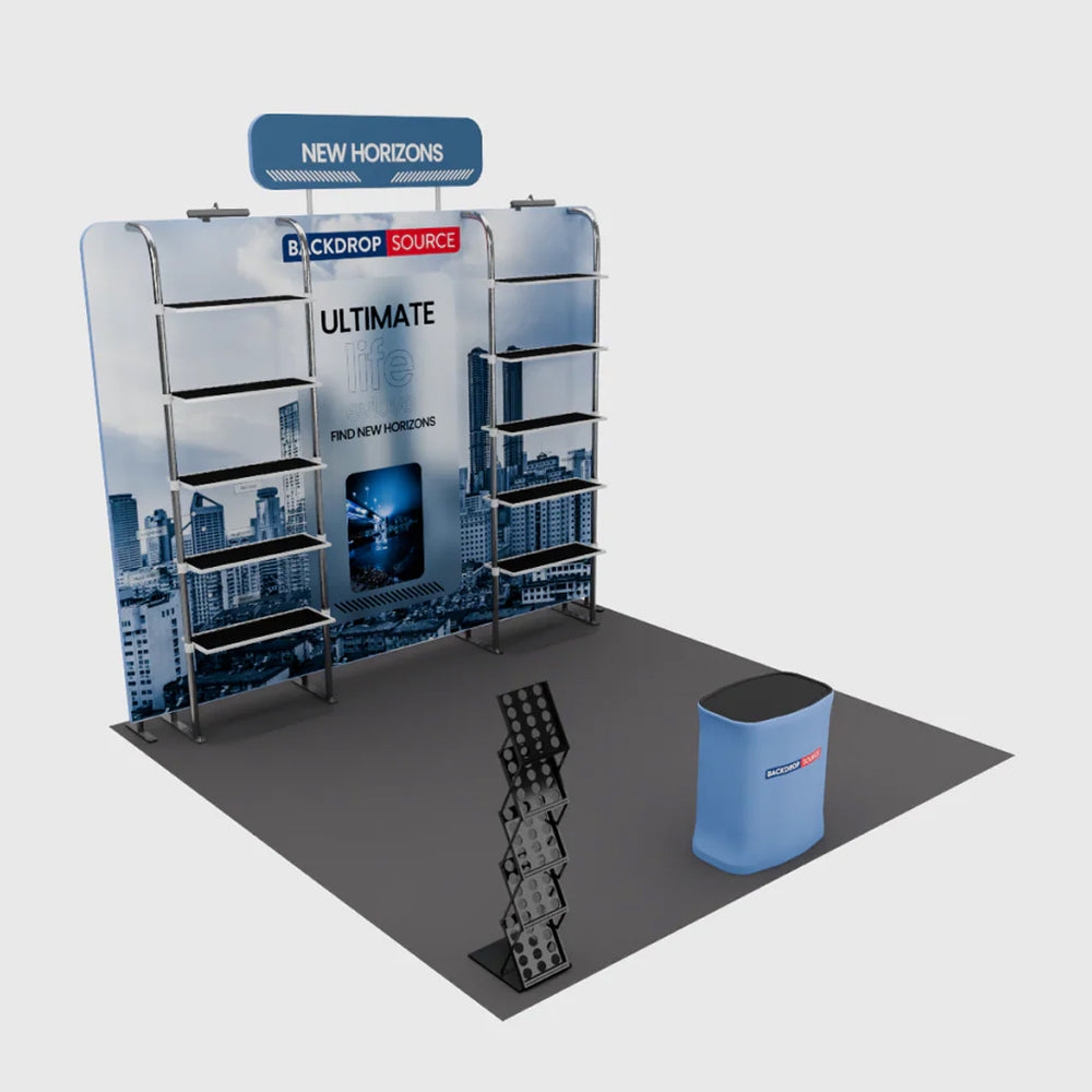 10x10 Booth Kit with Pegboard Shelving, Header & Counter