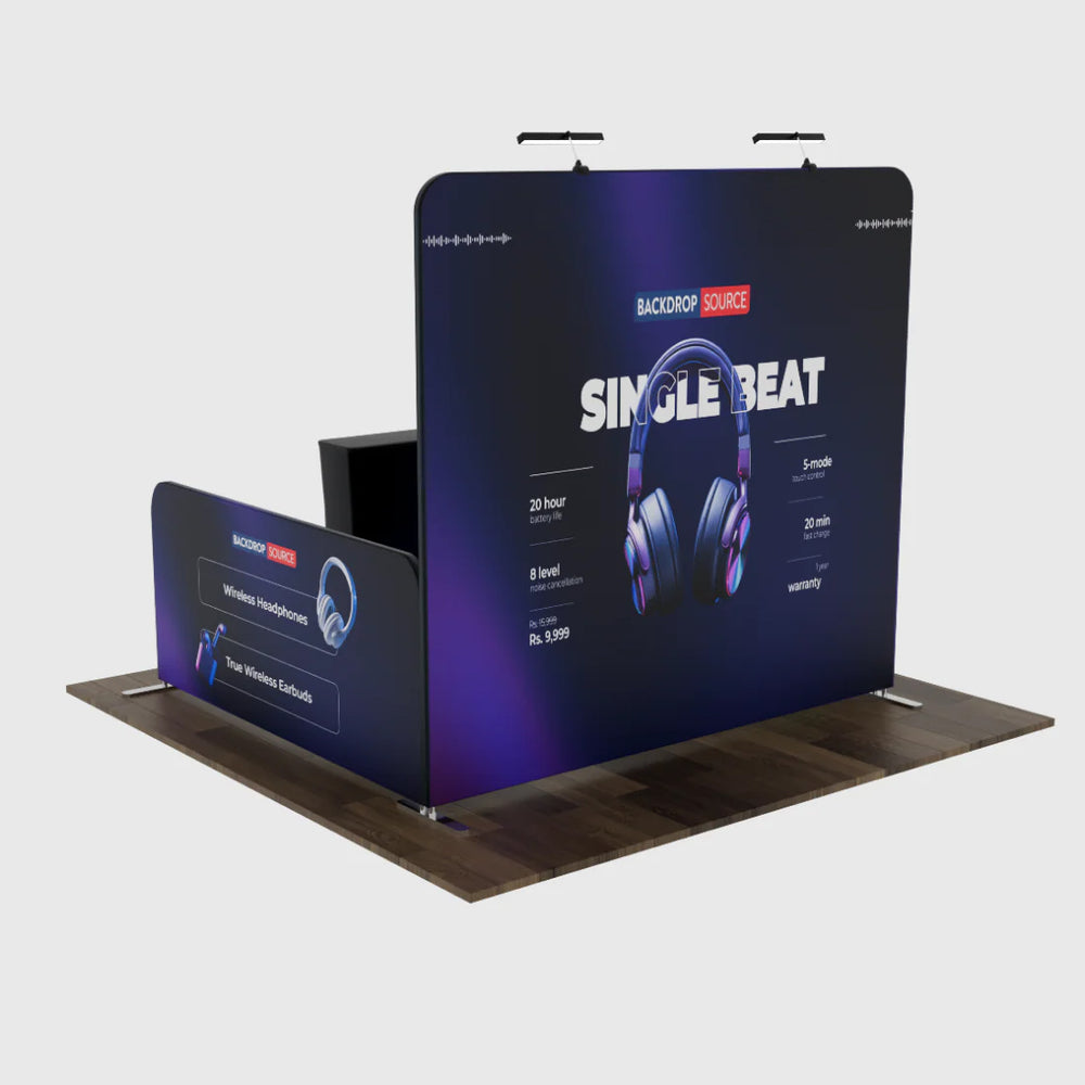 Kit de stand Ultimate de 10 x 10 con pared trasera, paredes laterales, mostrador y luces