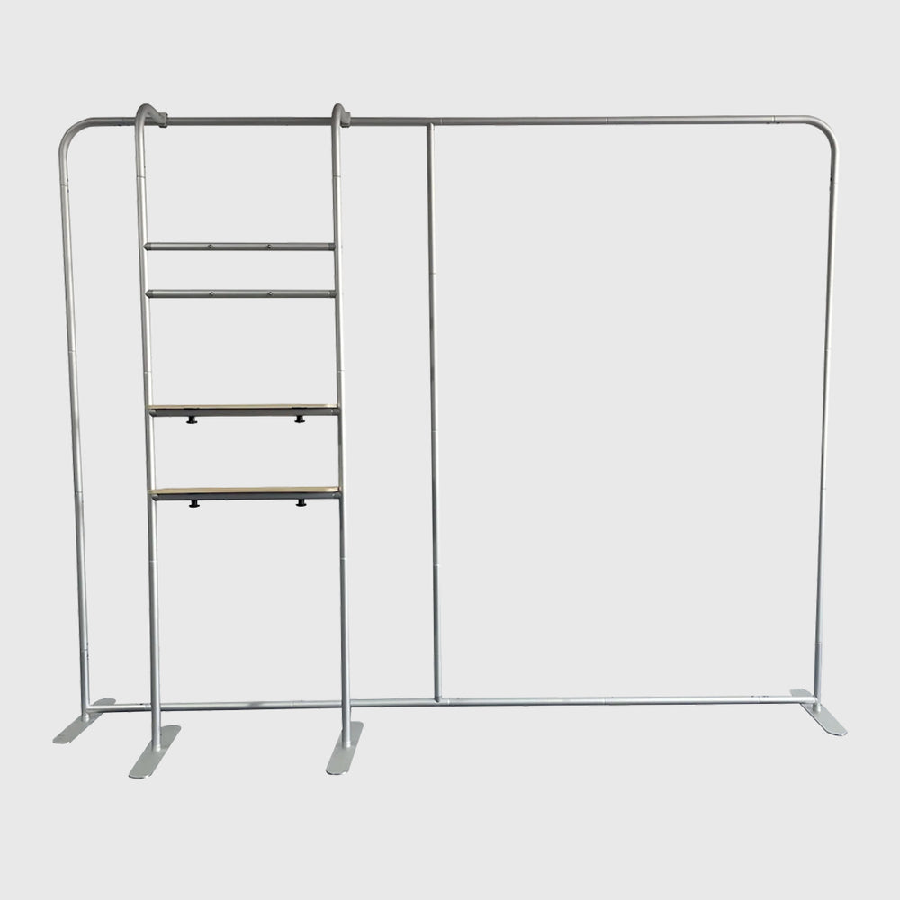 10x10 Booth Kit with Straight Wall, TV Shelf Tower & Banner
