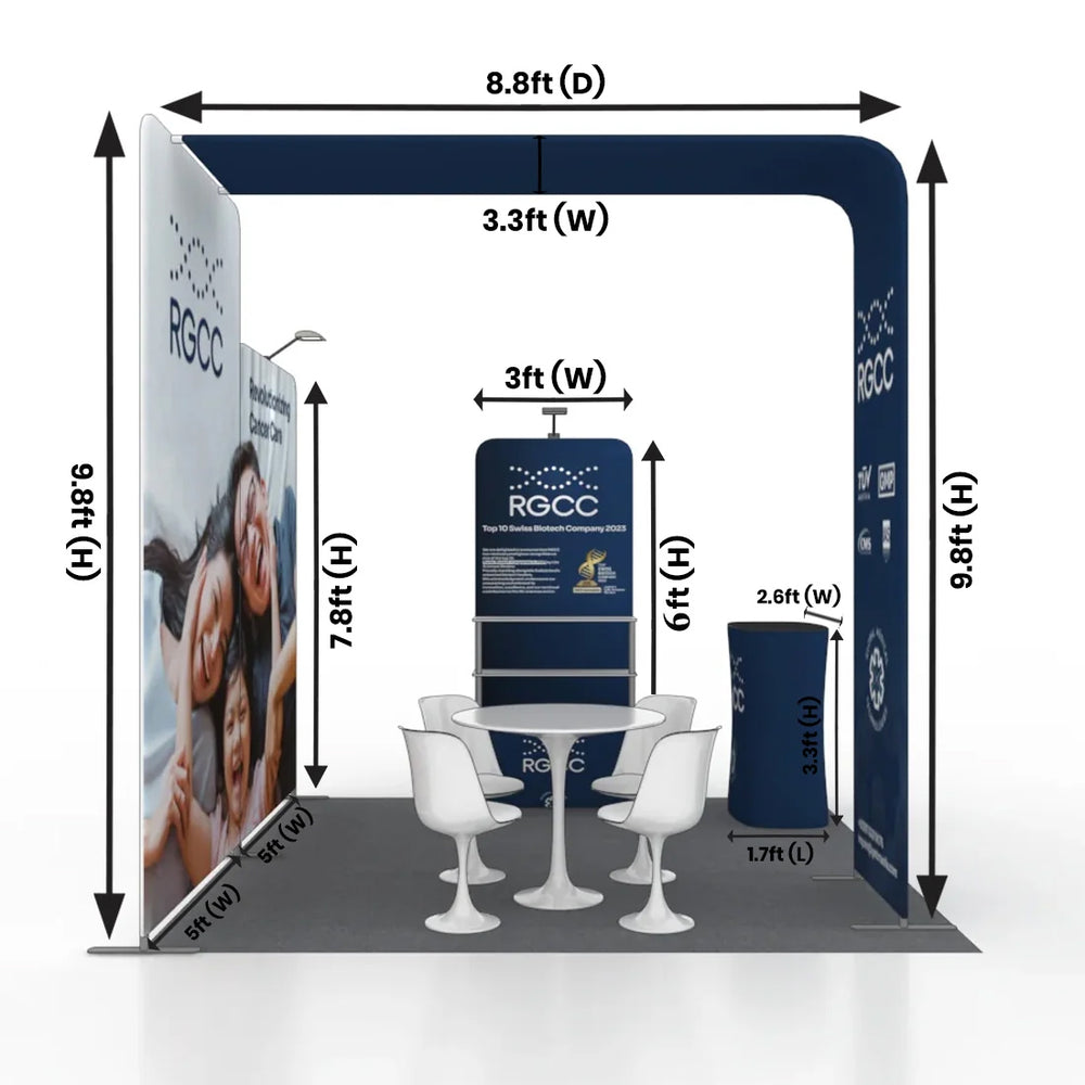 10x10 L-Arch Booth Kit with Straight Walls, Shelving & 2 Counters