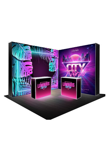 L-Shaped Illuminated Media Wall Set with Counters for 10ft x 10ft Booths. - Backdropsource