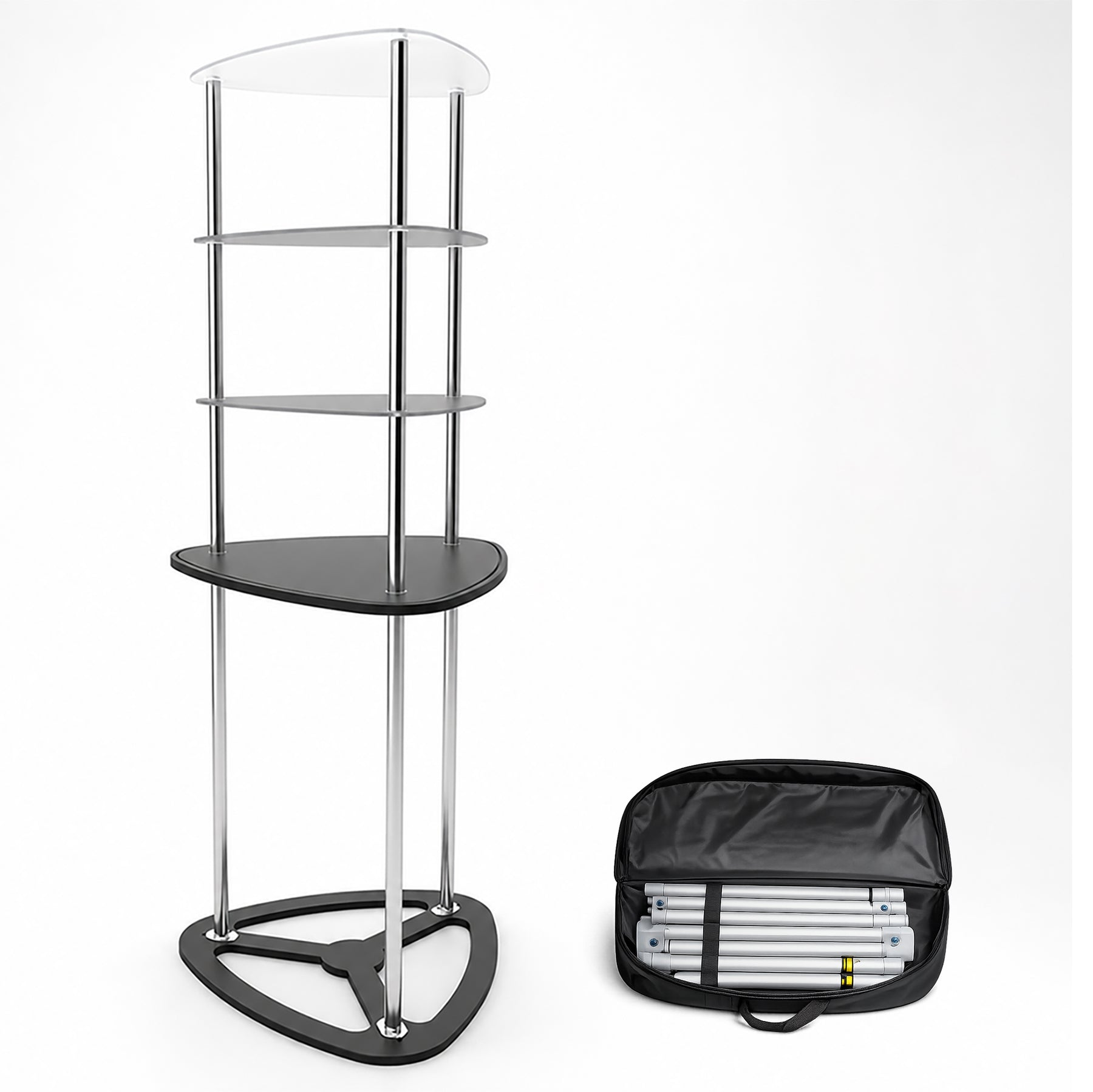 Triangular Fabric Display Counter with Acrylic Triple Shelves