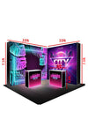 L-Shaped Illuminated Media Wall Set with Counters for 10ft x 10ft Booths. - Backdropsource