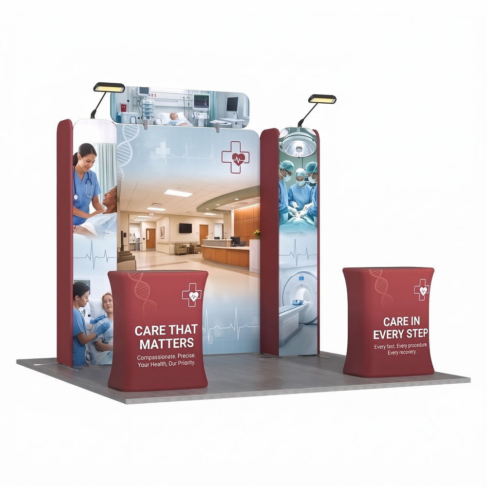 Magnetic Fabric Banner Stand Exhibition Kit with Rectangular Header & Pop-Up Booths - angled view
