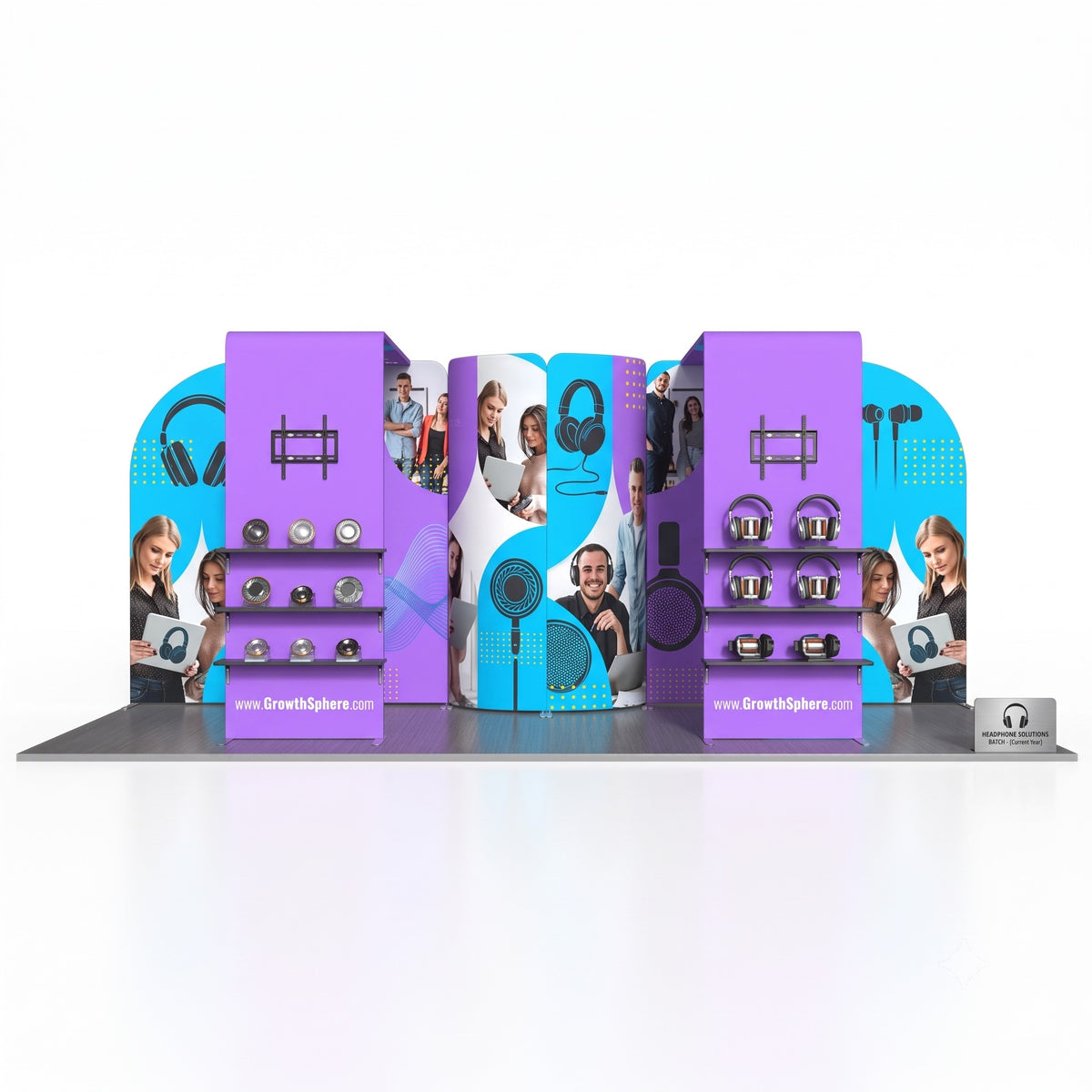 Magnetic Fabric Banner Stand Exhibition Kit with L-Shaped Shelving & TV Racks - front view