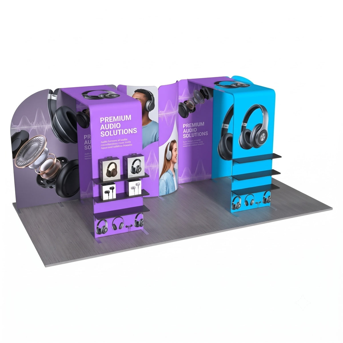 Magnetic Fabric Banner Stand Exhibition Kit with L-Shaped Shelving & TV Racks - angled view