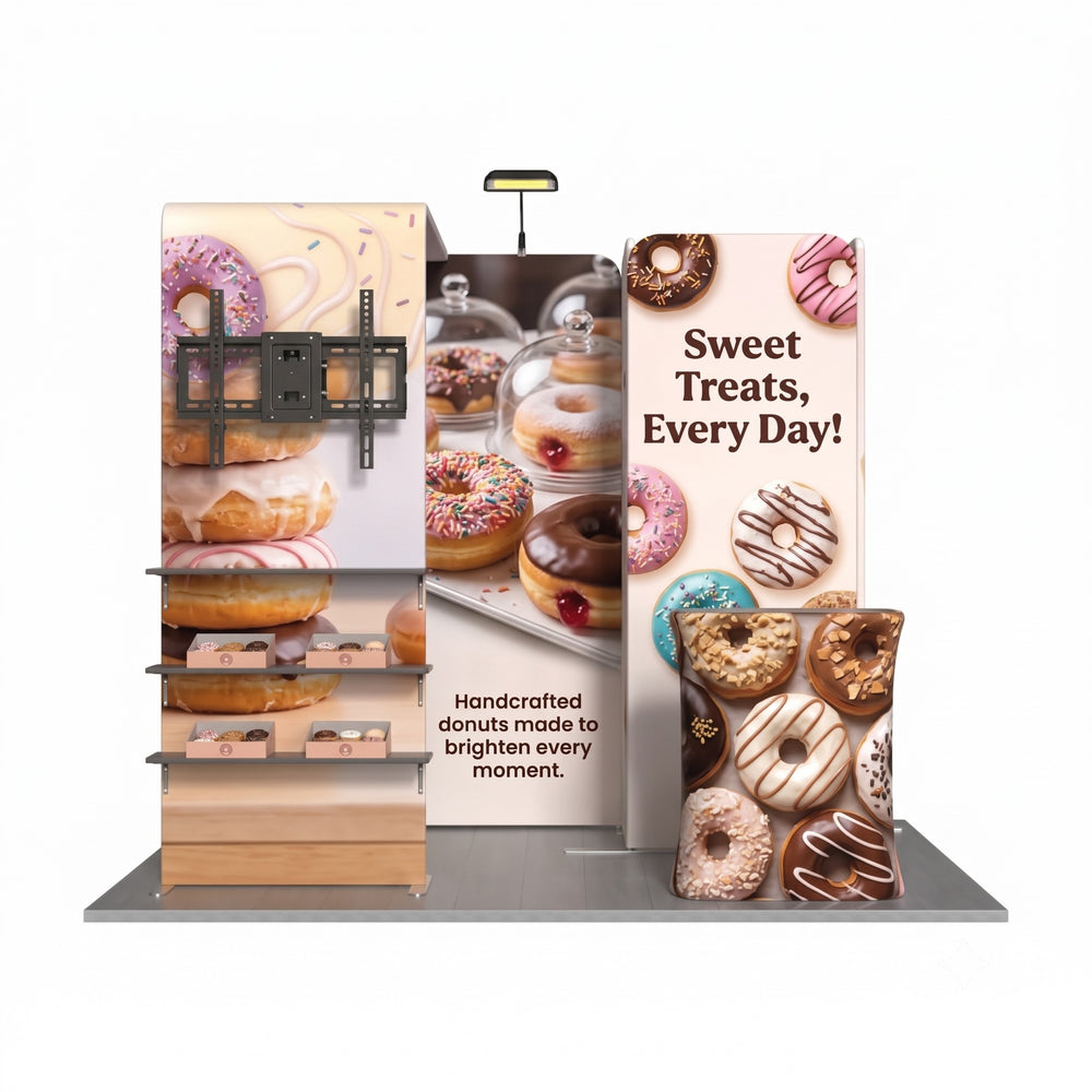Magnetic Fabric Banner Stand & L-Shaped Shelving Display Exhibition Kit with Pop-Up Booth - front view