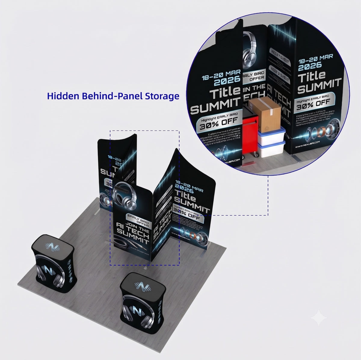 Magnetic Fabric Banner Stand & Pop-Up Booth Exhibition Kit - hidden behind-panel storage