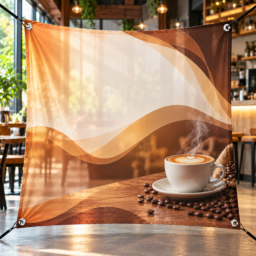 Chiffon-Finish Fabric printed banner mockup in cafe setting