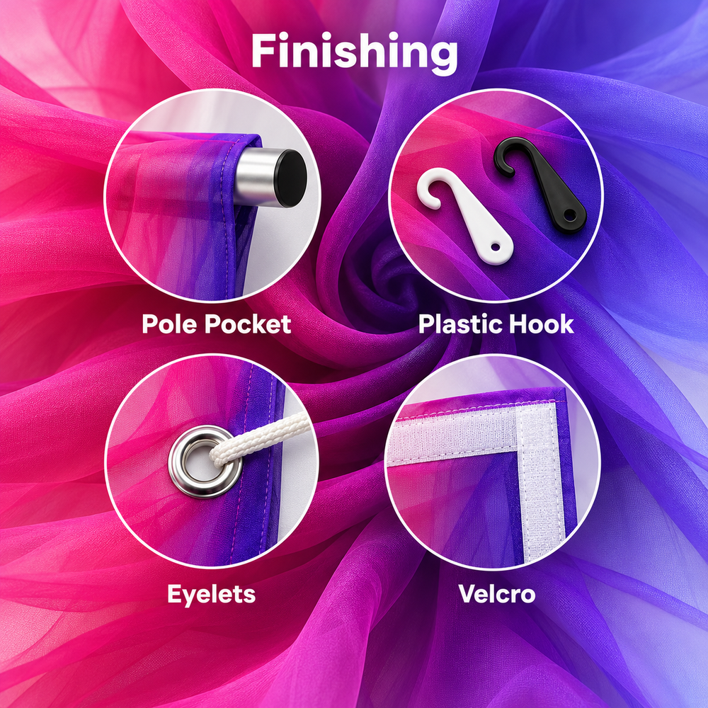 Chiffon-Finish Fabric finishing options - pole pocket, plastic hook, eyelets, velcro