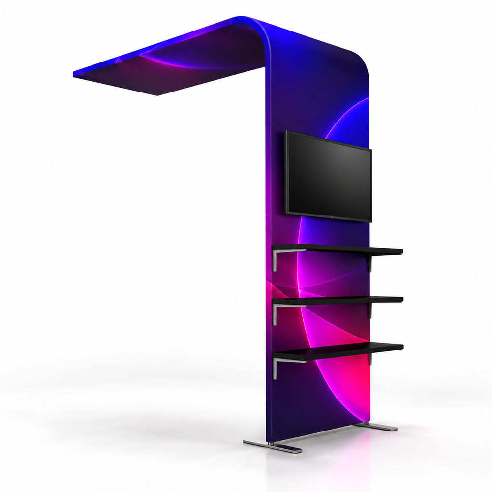 Portable L-Shaped Fabric Display with Shelf & TV Mount