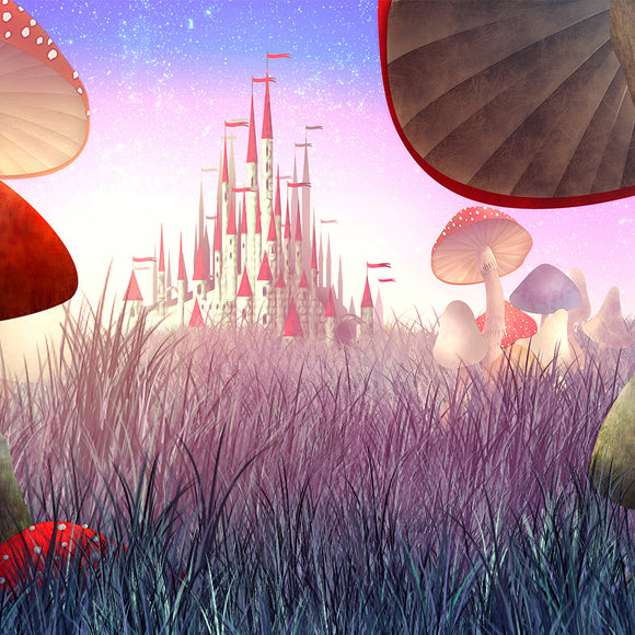 Fantastic Landscape with Mushrooms and Fog Fairy Tale Alice in Wonderland Backdrop - Backdropsource