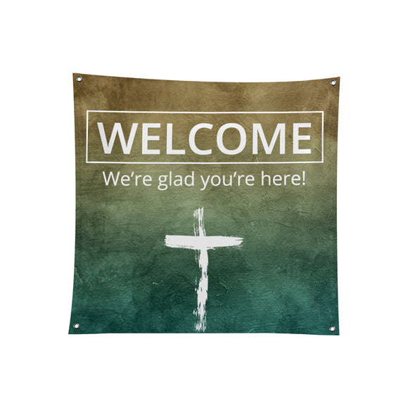 Church Welcome We're Glad You're Here Polyester Banner - Backdropsource