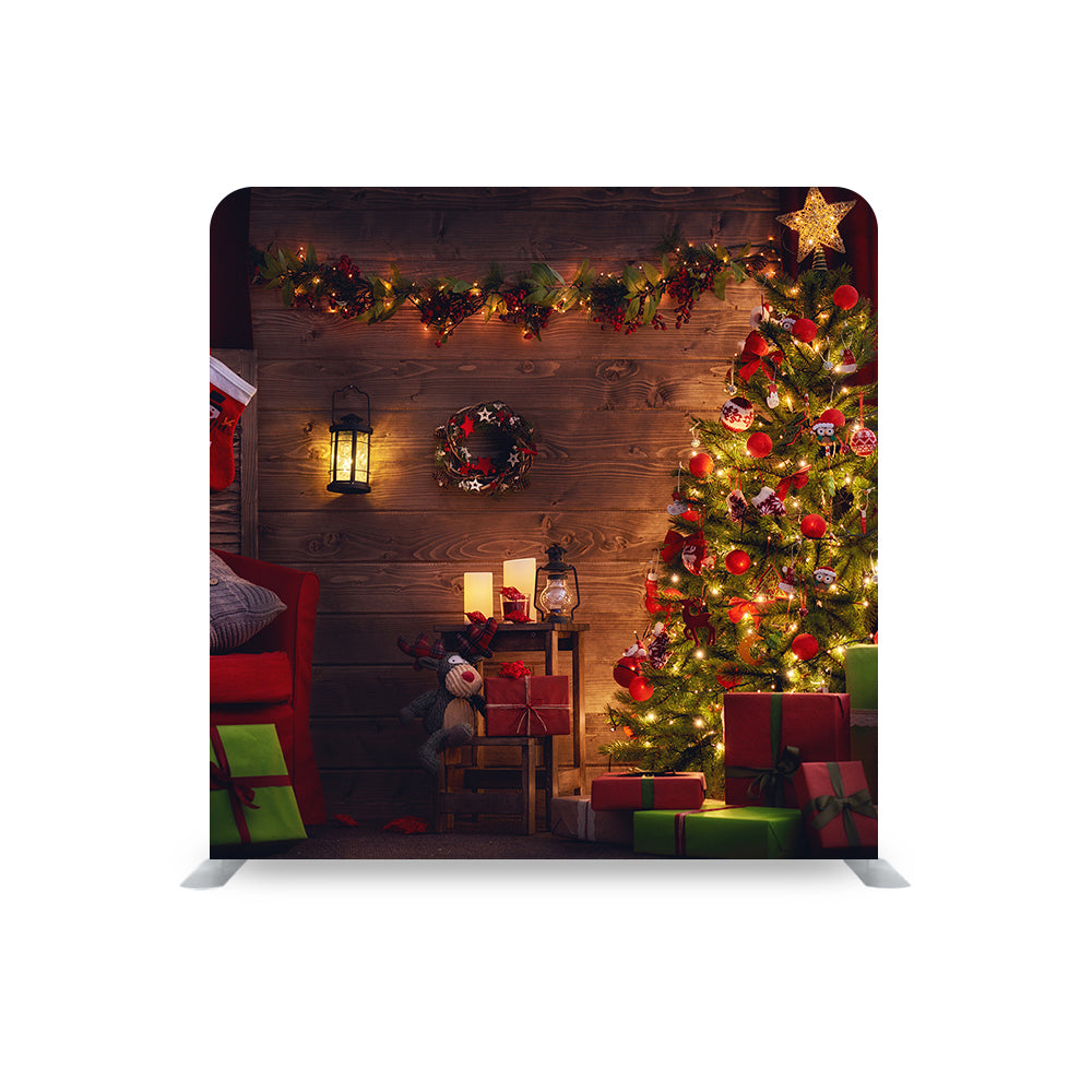 CHRISTMAS TREE WITH WOODEN BACKGROUND STRAIGHT TENSION FABRIC MEDIA WALL