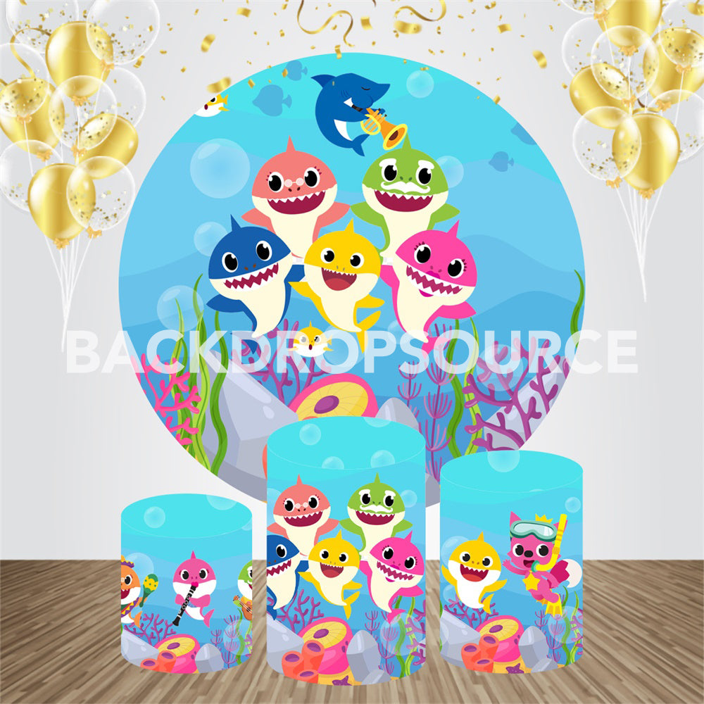 Cartoon Shark Fishes Event Party Round Backdrop Kit - Backdropsource