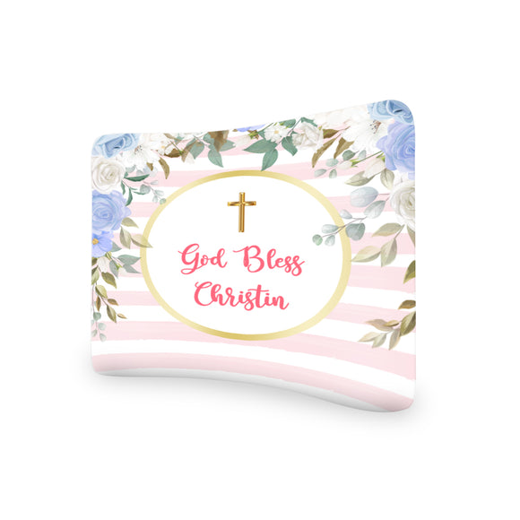 God Bless Christin Baptism Banner Curved Tension Fabric Media Wall - Backdropsource