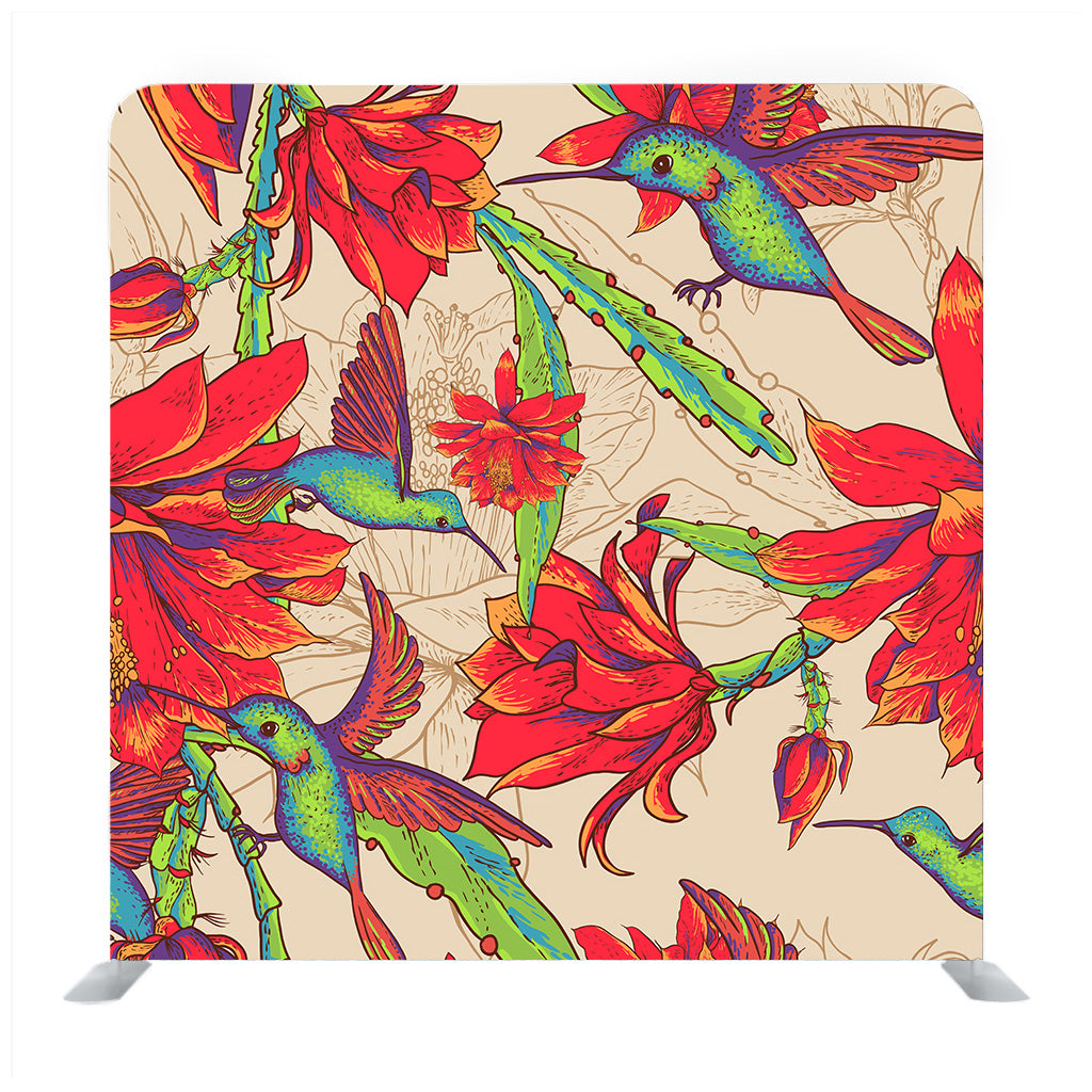 Beautiful Tropical Background Of Red Flowers And Hummingbirds Background Media Wall - Backdropsource