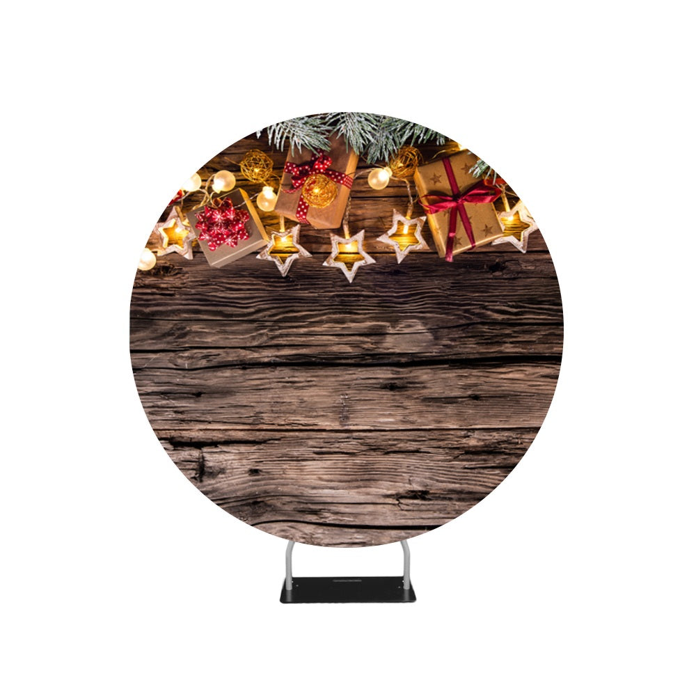 Christmas Wooden Background with Decorations and Gift Boxes Circle backdrop stand - Backdropsource